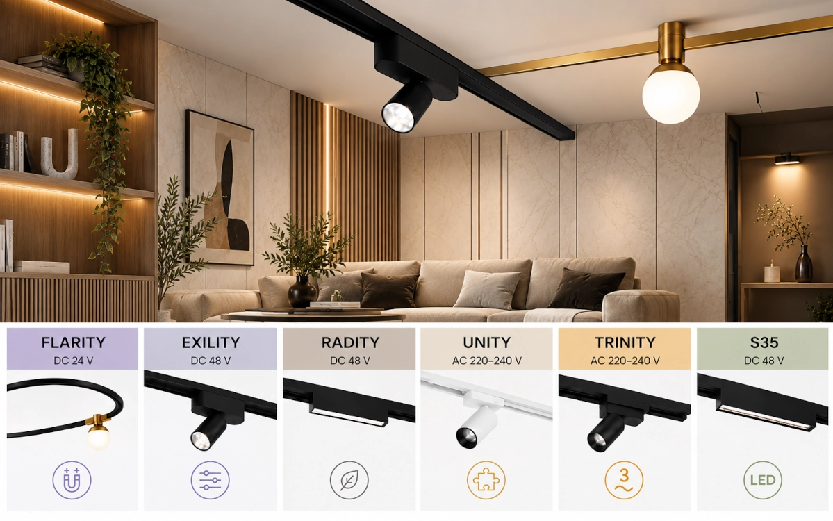 Maytoni railsystemen: magnetische, modulaire en 1-/3-fase oplossingen voor flexibele interieurverlichting